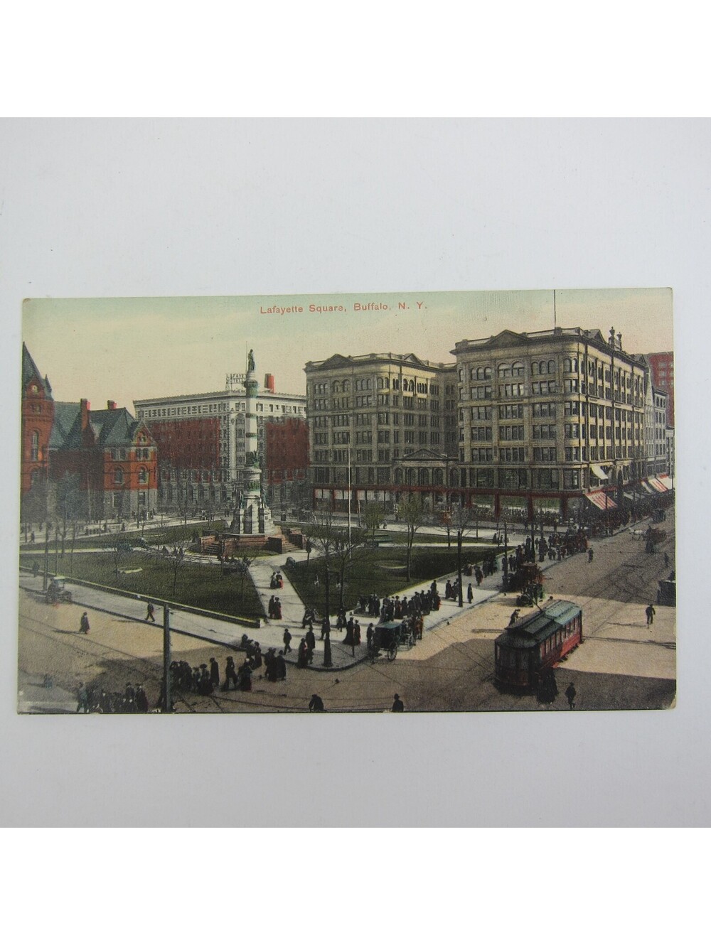 Postcard Buffalo New York Lafayette Square Streetcar Monument Antique UNPOSTED
